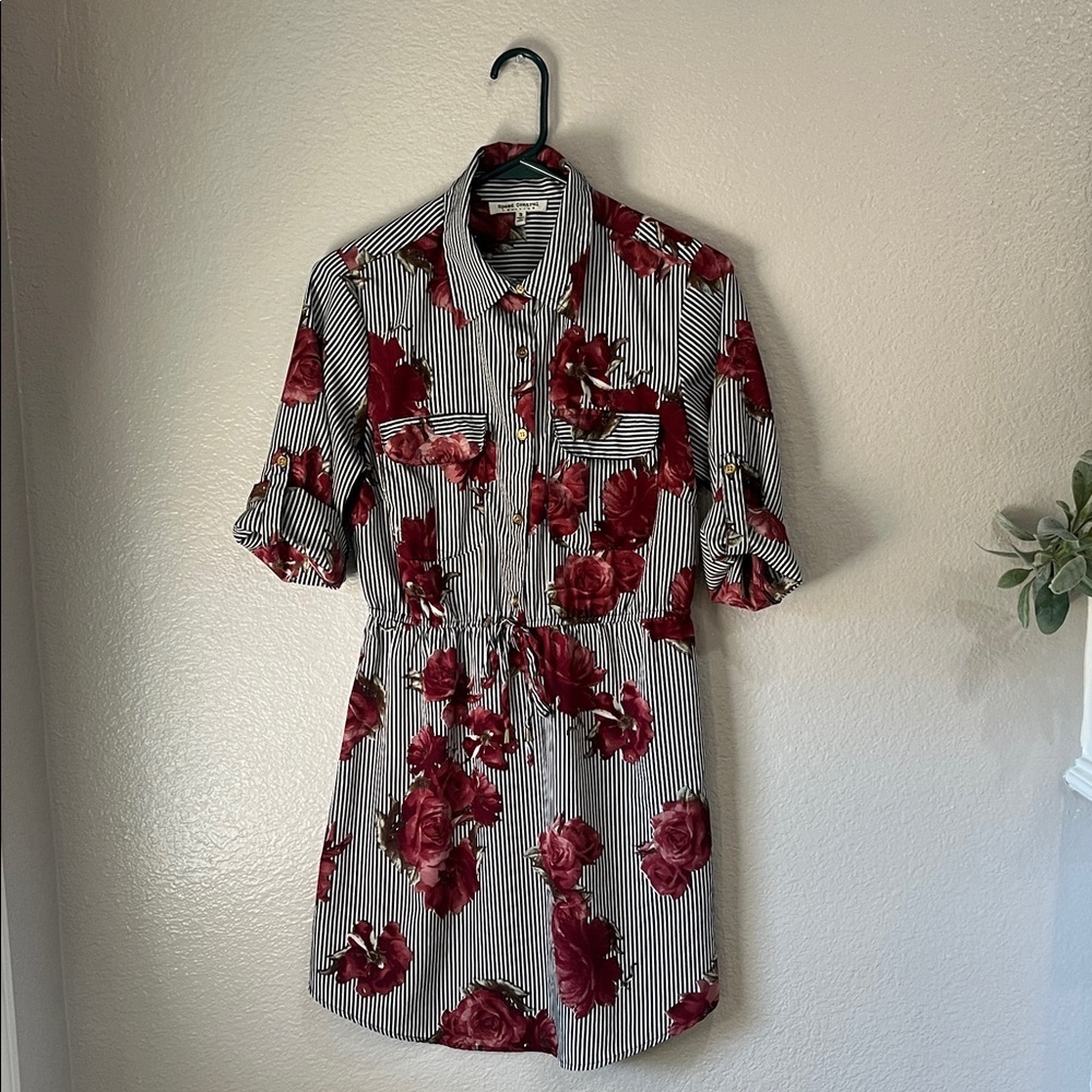 Speed Control Black White Striped Dress Red Floral Accents Sz S Casual TC0297